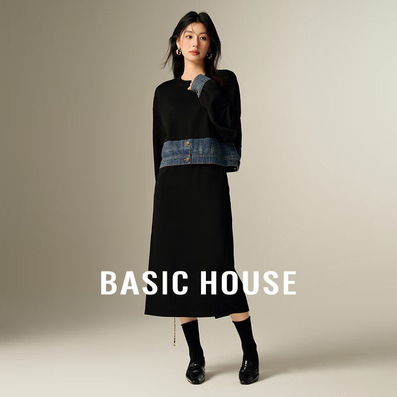 百家好（Basic House）Basic House/百家好高级感套装假两件拼接卫衣半身长裙两件套2025 黑色 L （115-125斤）
