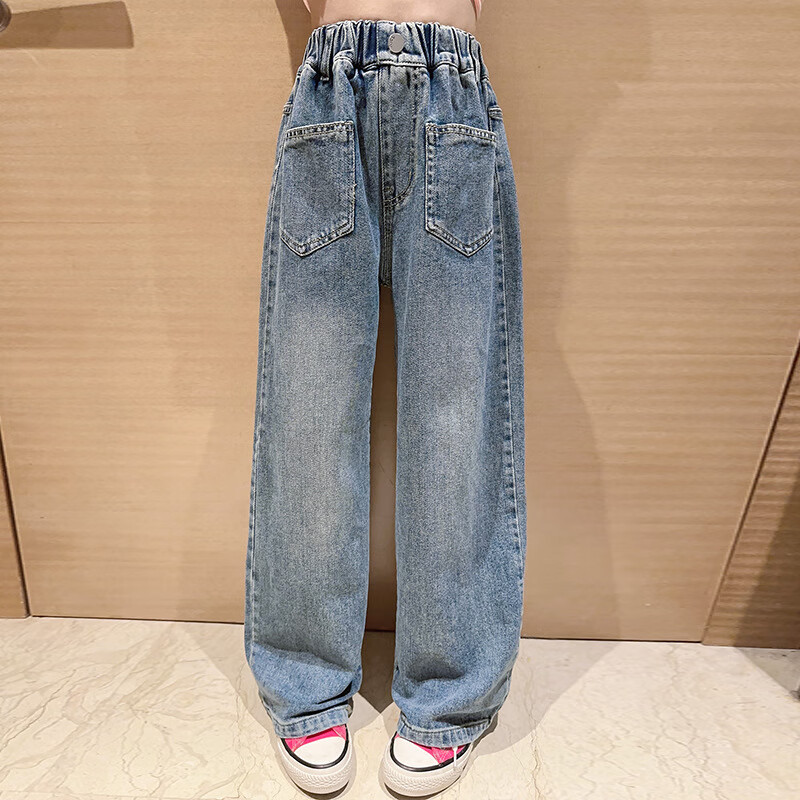 大口袋牛仔裤2024春季童裤女孩牛仔阔腿裤15岁中大童长裤 蓝色 120cm