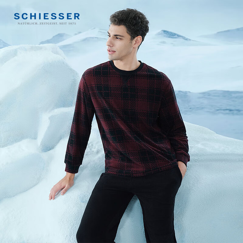 舒雅(Schiesser)男士加厚圆领软糯绒感毛巾布睡衣长袖长裤家居服套装E9/23536H 深红 L