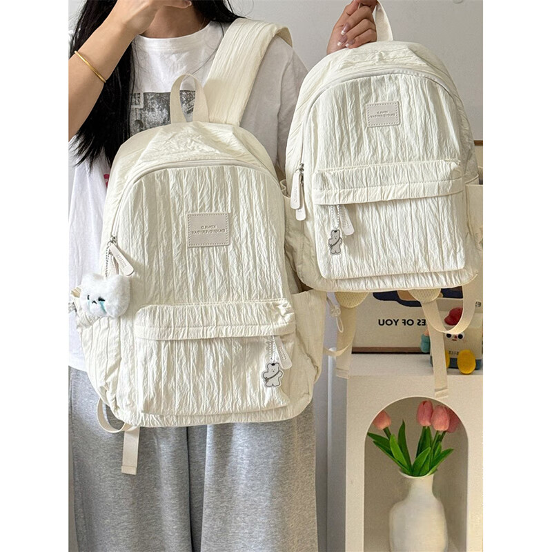 叢林鳥新款純色書包女初中高中生大容量百搭雙肩包大學生小款旅行背包 米白色【哭泣熊+1個掛墜】 大號