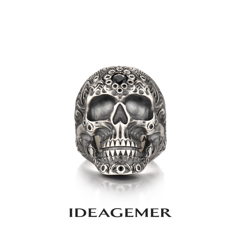 ideagemer925银云纹骷髅头戒指男士霸气机车复古小众设计感潮穿搭开口