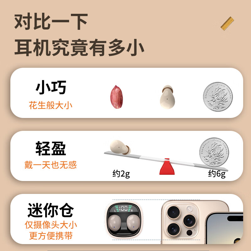 HOAXEE隐形蓝牙耳机迷你隐藏式超小巧型睡眠睡觉无线全入耳侧睡不压耳音乐高音质排行前十使用不闪灯上班 肉肤色【不闪灯+数显+蓝牙5.4】 适用于苹果安卓等手机平板电脑