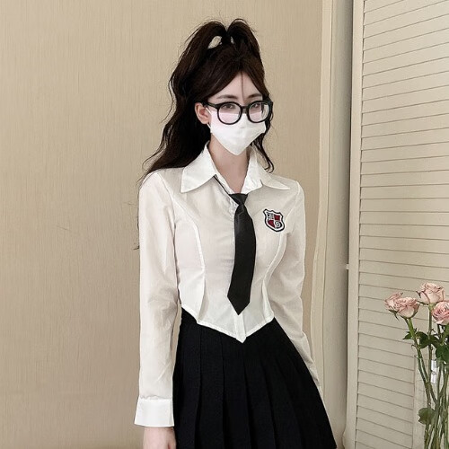 友榕秋季长袖白色衬衫女上衣学生装jk制服纯欲短款收腰学院风衬衣领带