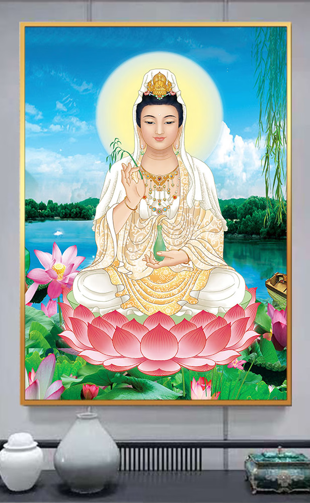 观世音菩萨佛像丝绸 01观音 五寸9x13厘米高清挂轴画带无痕