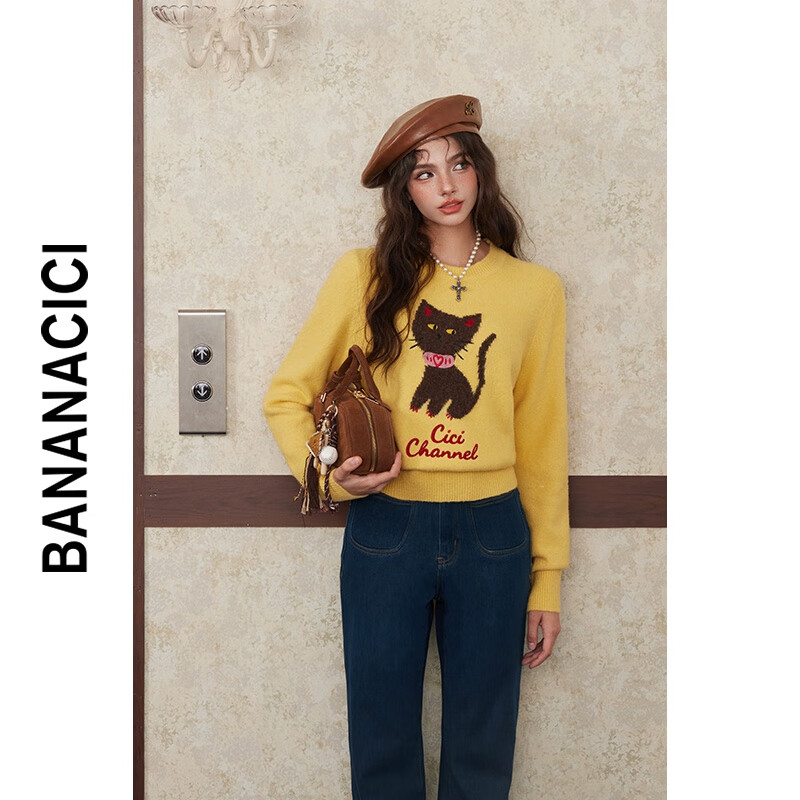 banana cici2024年冬季新款复古原创猫咪刺绣毛衣圆领套头针织衫C244MY209 黄色 L