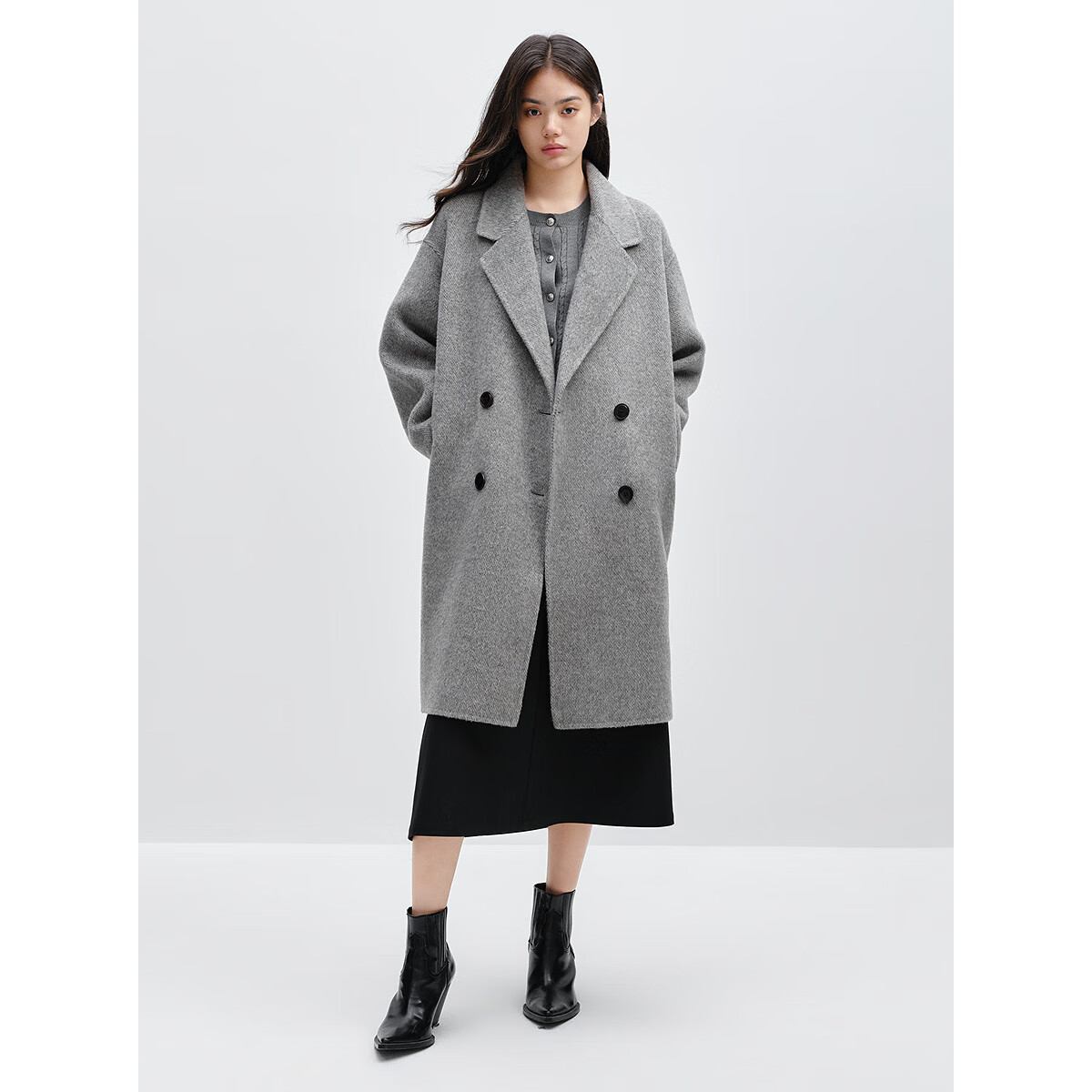 太平鸟大师甄绒系列优雅羊驼毛茧型双面呢大衣女冬新长款毛呢外套 灰色 M