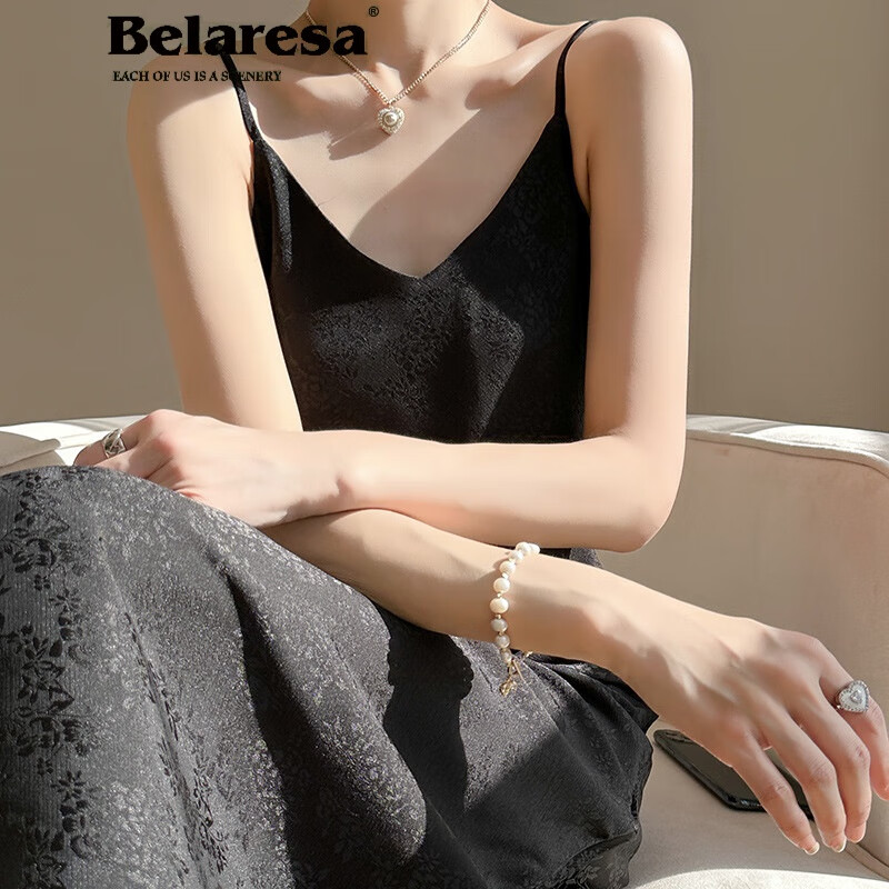 BELARESA緞面醋酸絲吊帶連衣裙女夏季內(nèi)搭吊帶裙時尚法式氣質(zhì)長裙 黑色 XL