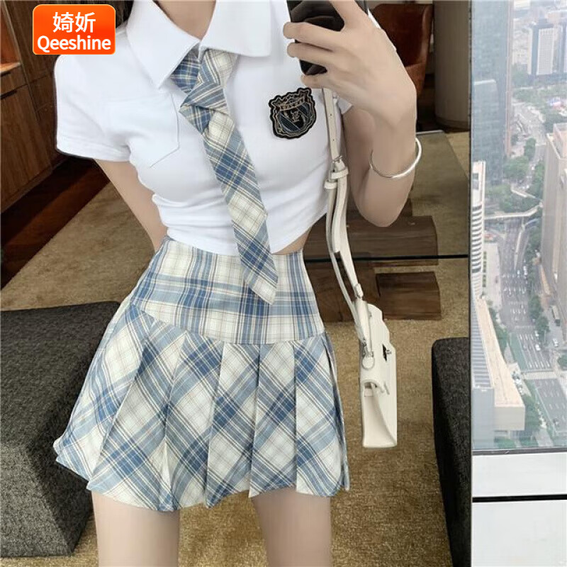 婍妡(qeeshine)学院风jk制服格子半身裙女夏季高腰显瘦a字百褶裙子