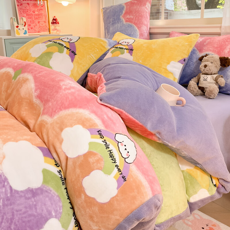 多兰诗（Duolanshi）牛奶绒四件套卡通双面加绒学生宿舍家用床单被套床上用品套件 彩虹萌狗 1.8米 床单款 被套200*230cm 四件套