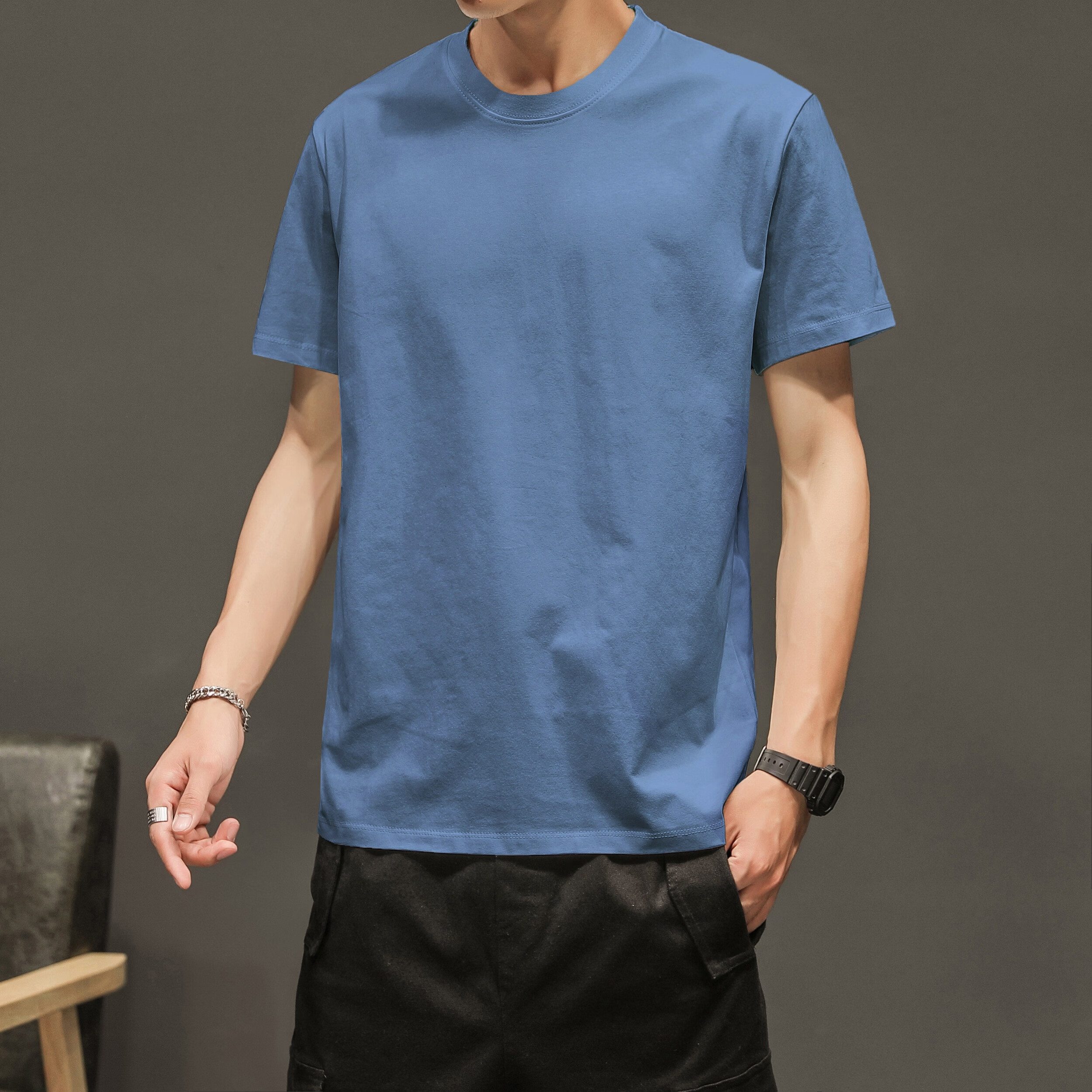 短袖t恤男士夏季薄款宽松圆领半袖体恤潮流简约休闲上衣服tee 雾霾蓝