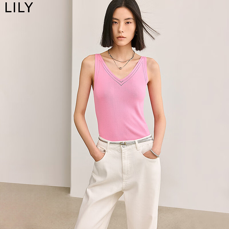 LILY夏新款女装气质拼色时尚V领修身针织吊带背心上衣打底衫 122粉红 S