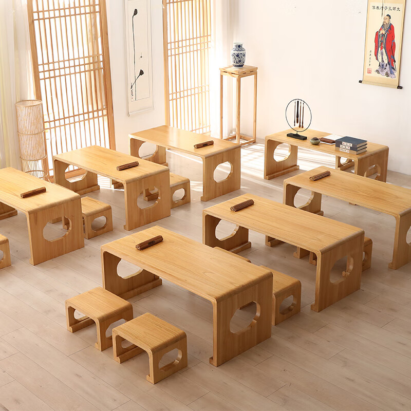 小米石新中式学桌幼儿园实木书法桌古私塾培训班课桌椅茶艺桌围棋桌