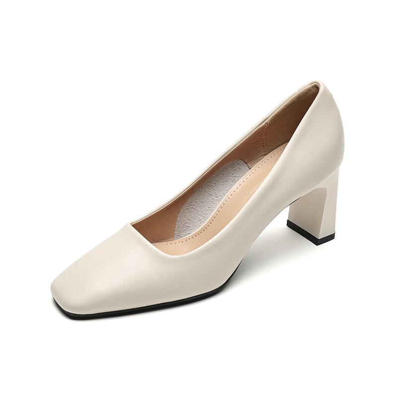 bm ins法式粗跟夏季气质浅口一脚蹬单鞋大码女鞋 杏色 34