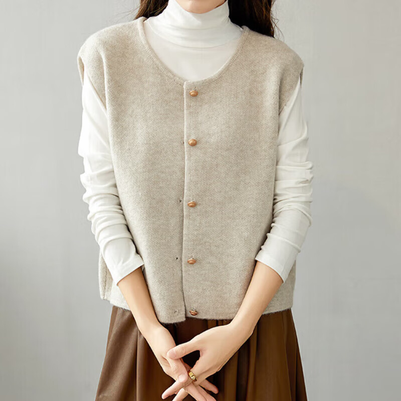 依启硕女式针织马甲背心女韩版短款新款春秋季宽松内搭坎肩叠穿无袖上衣 杏色-秋季新款 均码 （80-125斤）