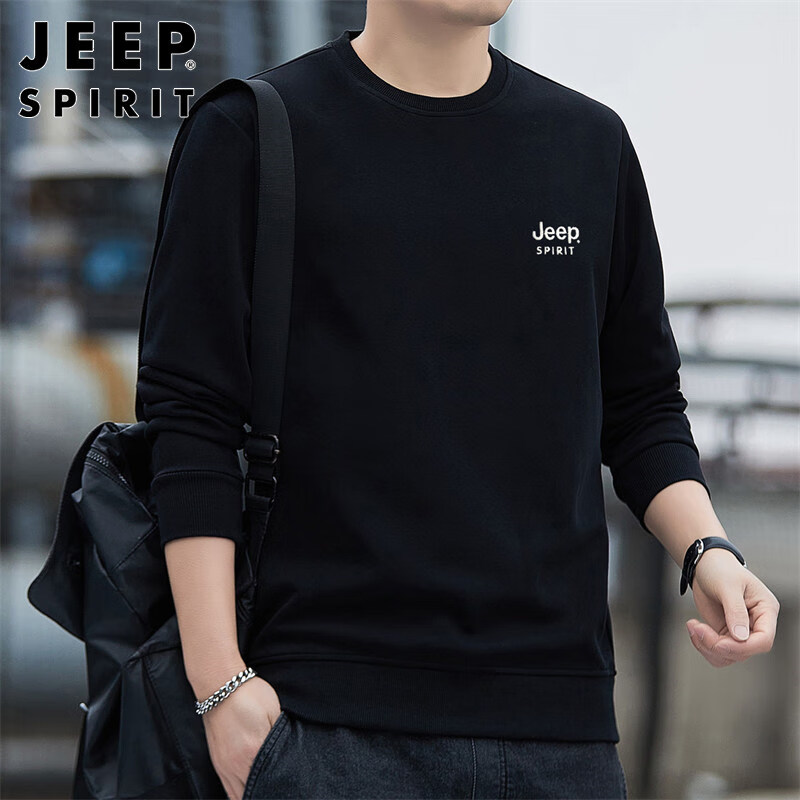 JEEP SPIRIT吉普卫衣男春秋季上衣男士印花打底衫宽松长袖T恤 黑色 3XL 