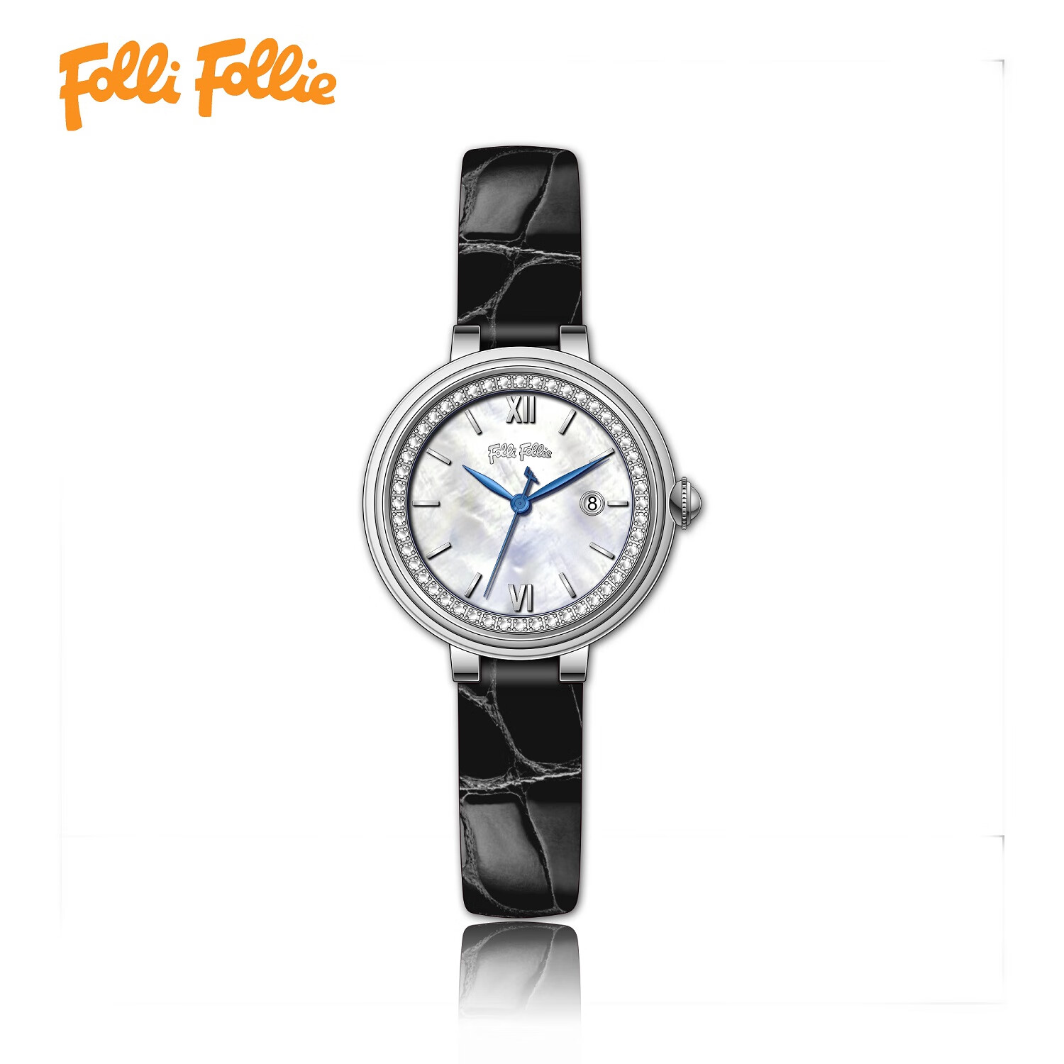 folli follie欧洲轻奢经典复古贝母圆盘水钻女士时尚进口石英腕表 白
