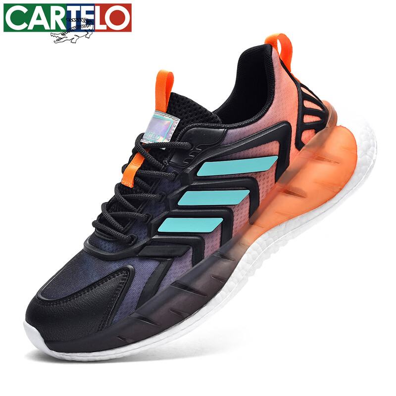 卡帝乐鳄鱼男鞋春夏透气超轻男士休闲鞋百搭减震跑步网面鞋薄款青少年运动鞋 黑桔[透气款]QH3359 40