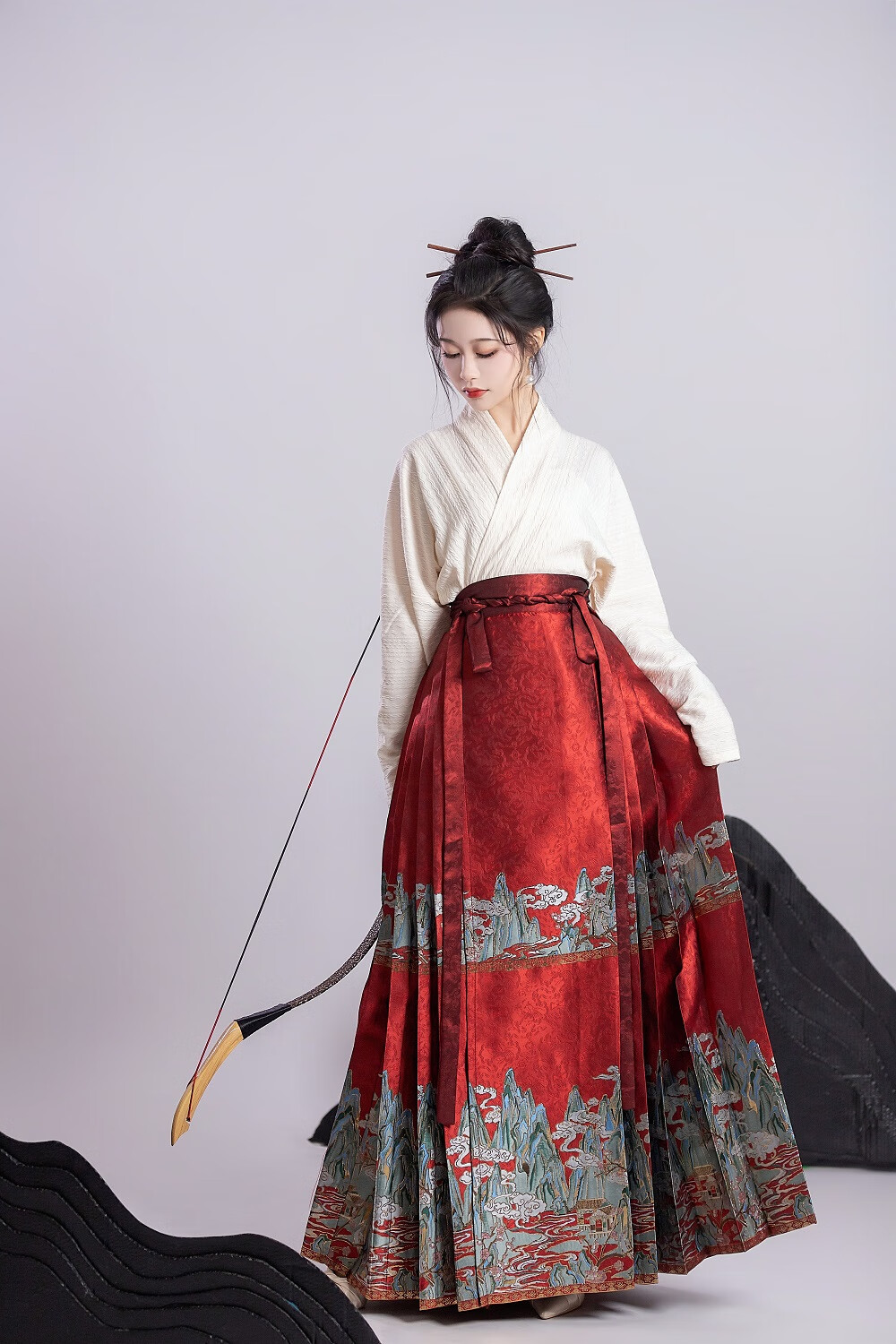 五五年汉服[千里江山]仿妆花飞机袖新中式红色马面裙婚服春秋 千里