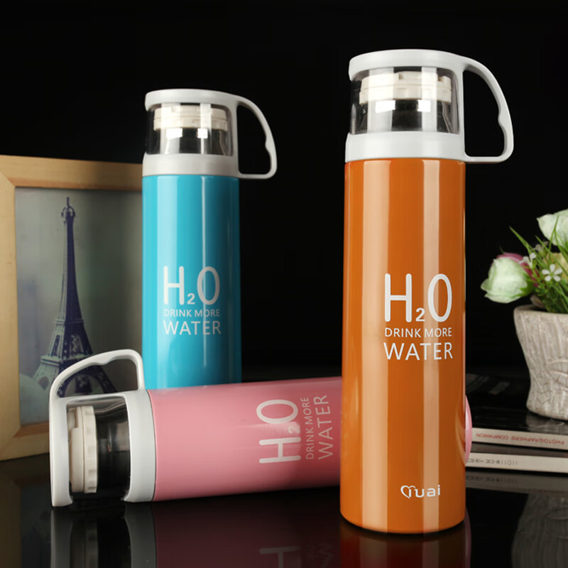 保温杯女带盖可喝水 学可爱带杯子男带杯盖大容量个性简约有盖 350ml蓝小白+杯刷(无挂件)