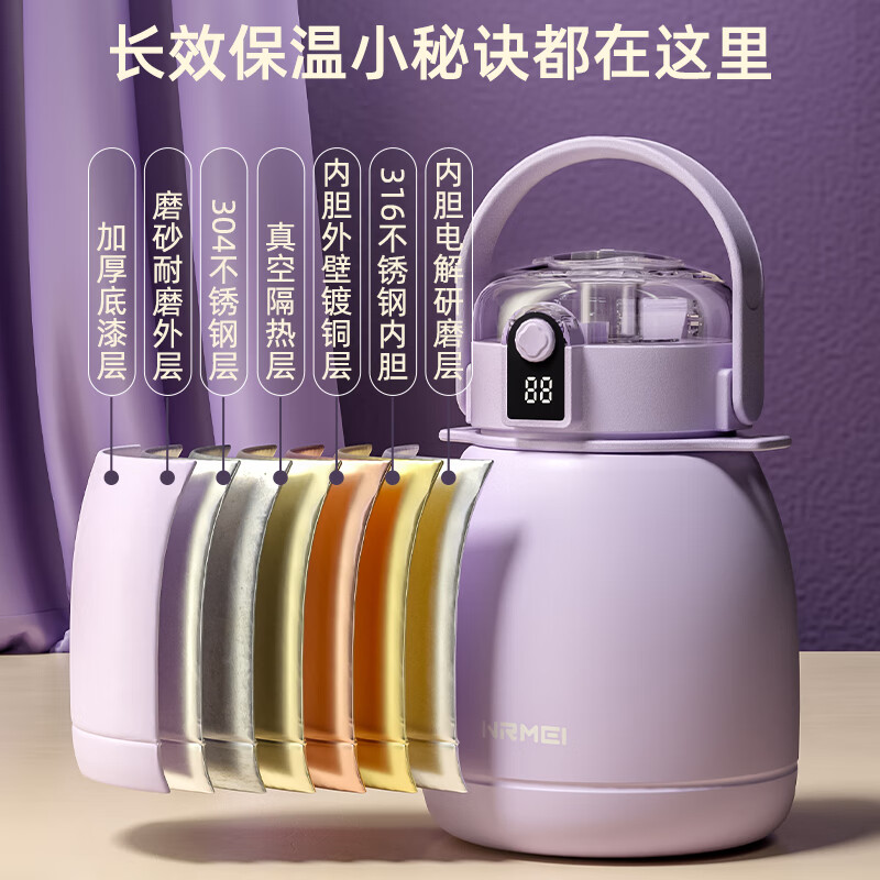 恩尔美（nRMEi）保温杯女款大容量吸管杯温度显示2000ml便携儿童学生大肚水杯子 梦境紫1500ml【智能显温+316内胆】