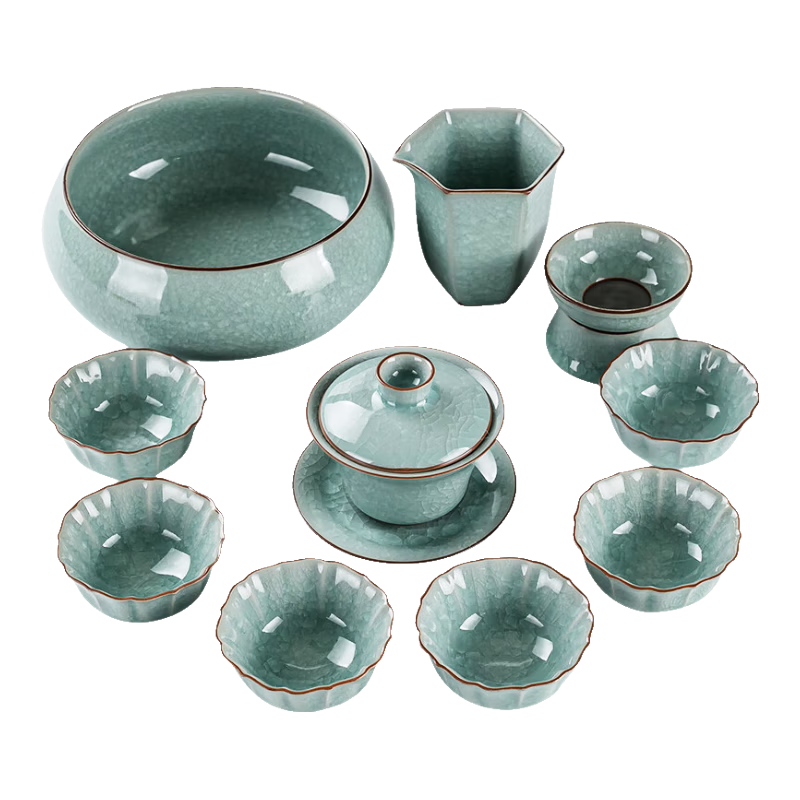 京峰閣 功夫茶具整套 汝窯冰瓷滿心開片茶杯公道杯蓋碗套裝家用辦公套組 汝窯冰瓷冰花滿心套組 11頭