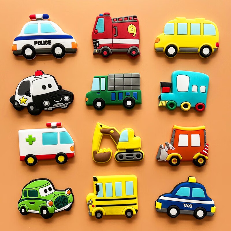 创意卡通软胶冰箱贴磁贴个性可爱汽车水果动 汽车合集一套12枚 中