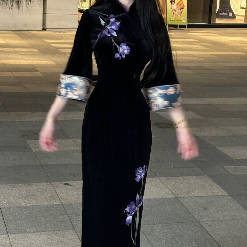 矢向画报夫人旗袍新中式自制2024秋季高级刺绣手工改良倒大袖旗袍 黑色 不含配饰 M
