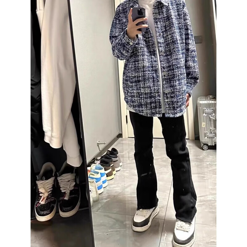 迪伽达秋冬季外套时尚百搭设计感小香风编织夹克男美式复古格子长袖上衣 W1042蓝色 L 【100-120斤】