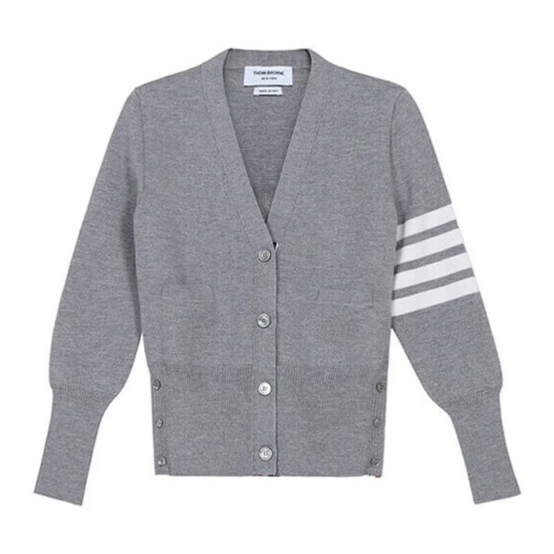 THOM BROWNE 汤姆·布朗 女士羊毛条纹V领针织开衫 灰色 FKC207A 00014 035 XS 38