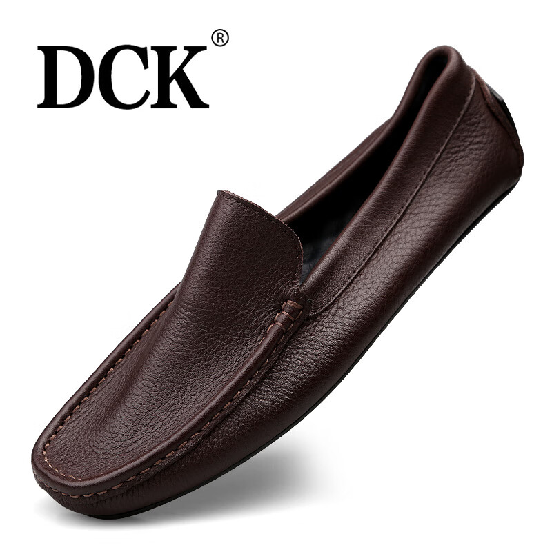 DCK新品软面软底一脚蹬豆豆鞋潮流简约时尚舒适防滑透气休闲风皮鞋男 棕色 单层 39