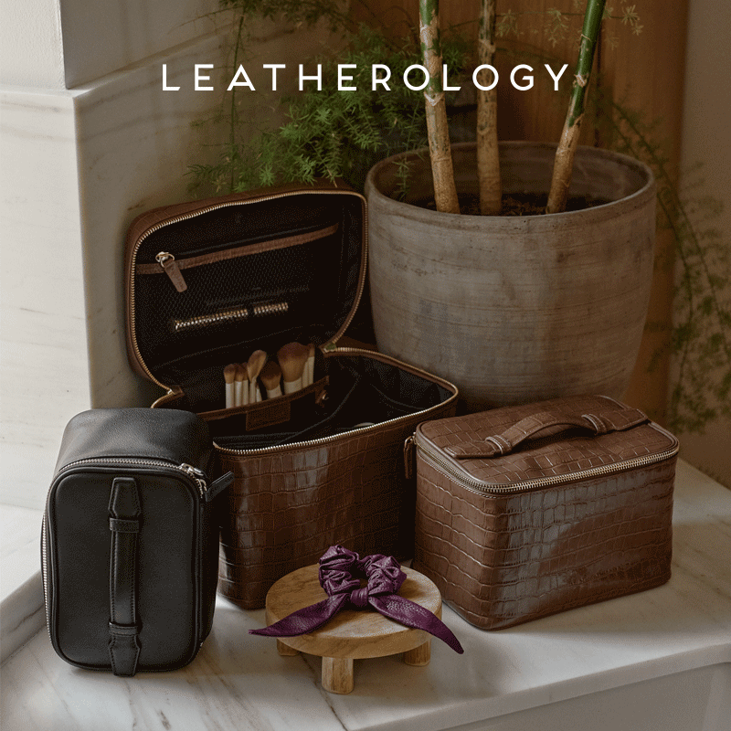 LEATHEROLOGY奥勒吉头层牛皮化妆包女大容量化妆箱便携手提旅行洗漱用品收纳包 黑色鳄鱼纹 中号 | 浅金五金