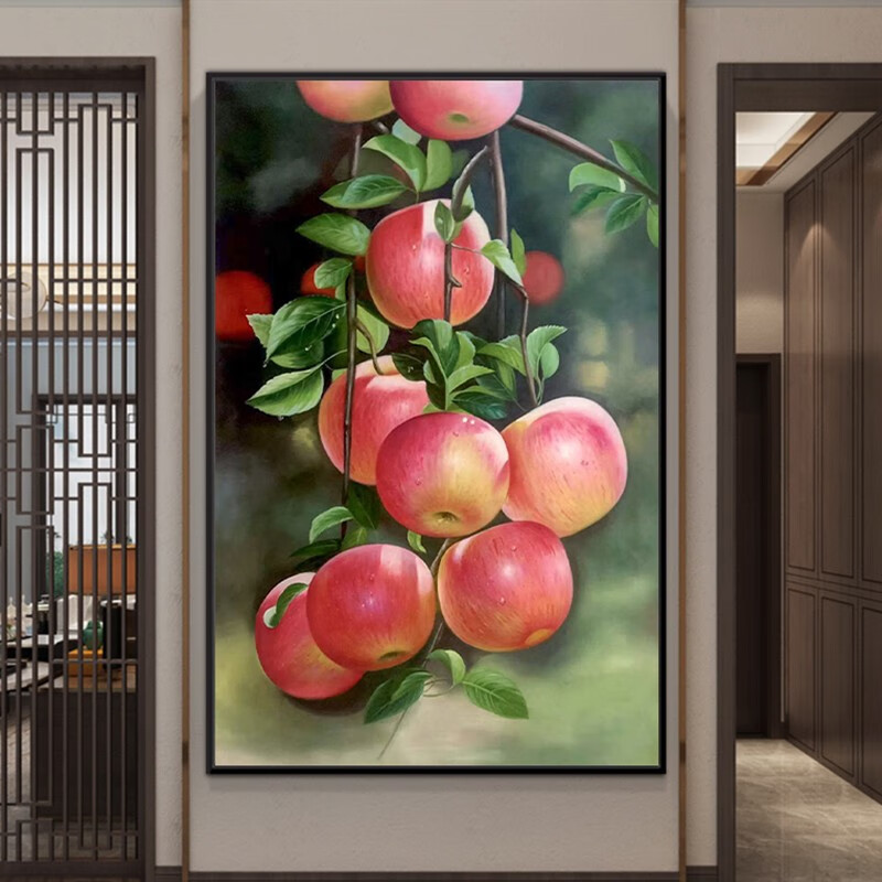 旭泽 新中式苹果玄关装饰画手绘油画平平安安写实水果丰收客厅餐厅 平
