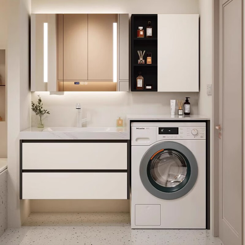 圣铂雅(SHENGBOYA)岩板无缝一体盆浴室柜定制洗衣机洗手盆一体柜简约洗脸台盆柜组合 125cm普通镜柜+岩板无缝陶瓷盆