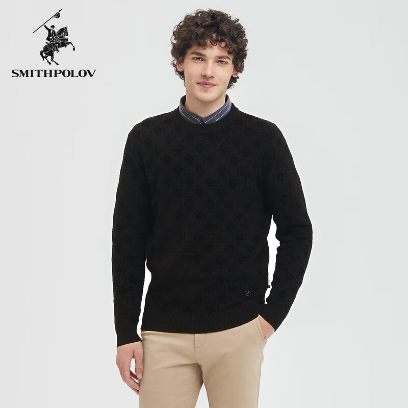 斯密特保罗（SMITHPOLOV）气质简约男式2024秋冬新品时尚青年男圆领格子暗纹针织衫 黑色印花 46