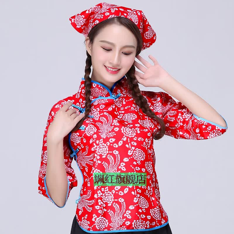 女采茶村姑服装女碎花衣服乡村风怀旧服装村姑农 红色花布上衣 头巾 s