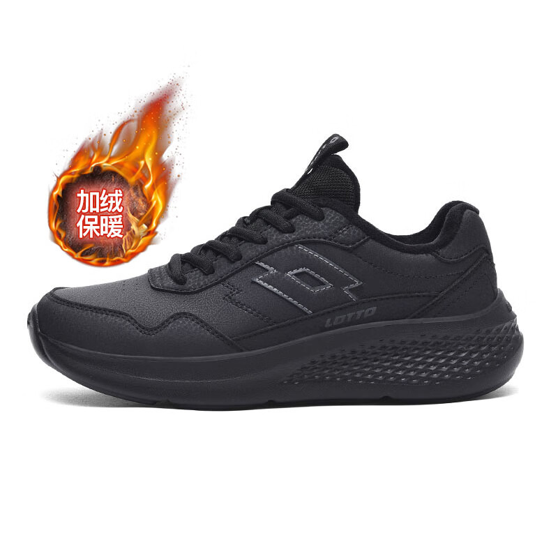 乐途（LOTTO）男鞋跑步鞋男皮面加绒保暖轻弾舒适缓震防滑户外运动休闲鞋女 黑色加绒【男女同款】 42