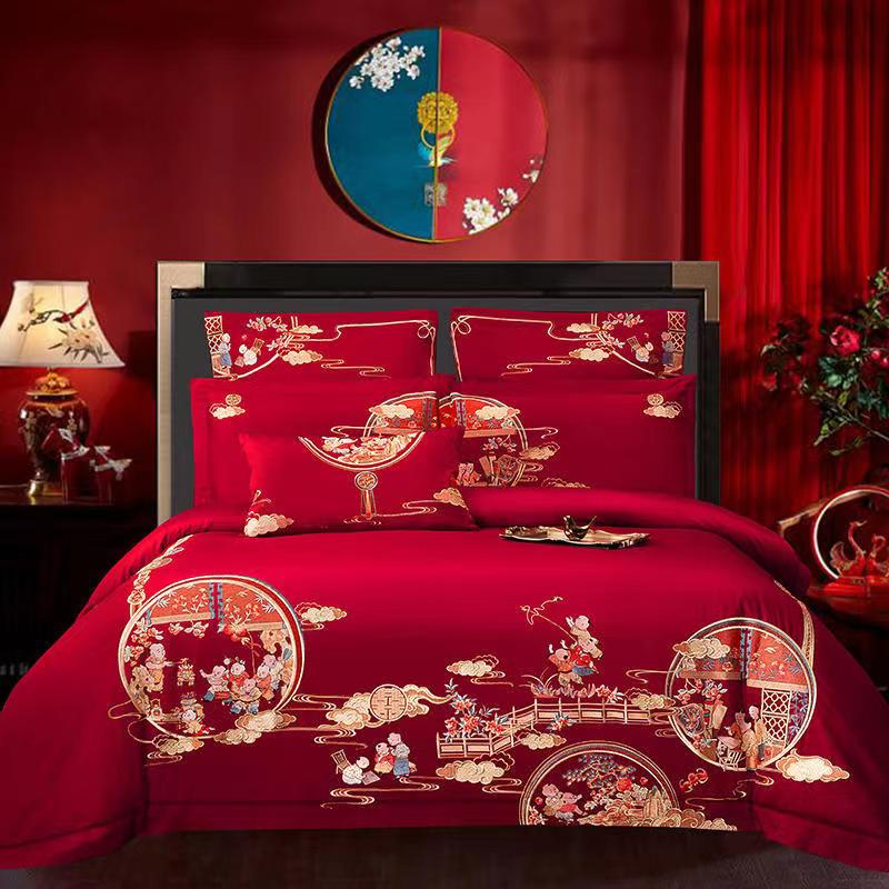 百子图四件套婚庆大红四件套百子图100支纯棉刺绣结婚床上用品婚 百子