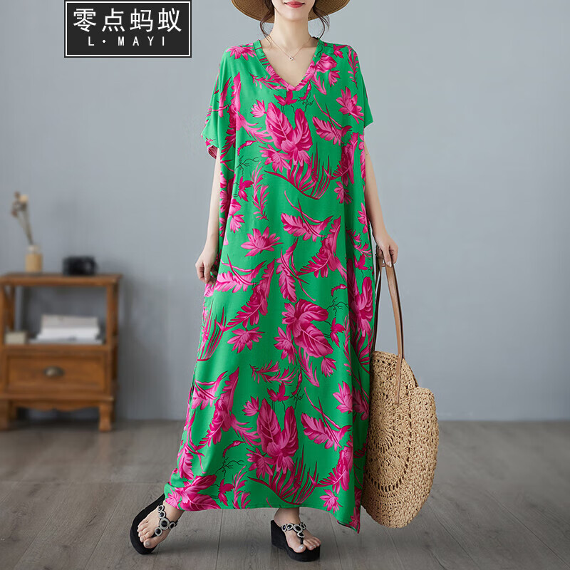 零點(diǎn)螞蟻加肥加大碼女裝夏季短袖遮肚子顯瘦v領(lǐng)棉綢連衣裙旅游度假沙灘裙 綠底紅花 均碼【130-200斤】
