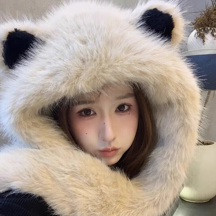 溪谷幽幽加厚毛绒绒狐狸耳朵帽子围巾一体秋冬季防寒保暖雷锋帽护颈显脸小 米色 均码（56-58cm）