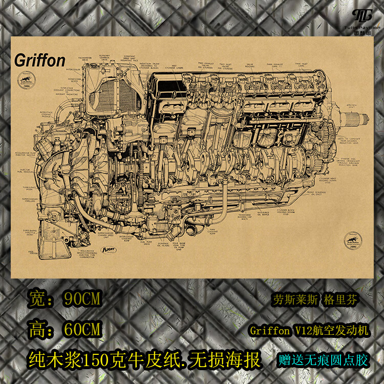 梅林航空发动机剖面图劳斯莱斯格里芬理工男书房工业风机械海报的 