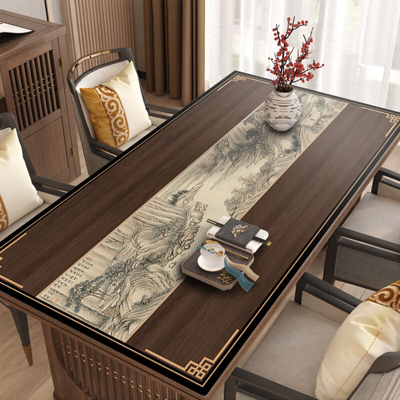 桌面保护垫木纹 新中式桌布防水防油皮革餐桌垫中国风防烫茶几垫 探雪