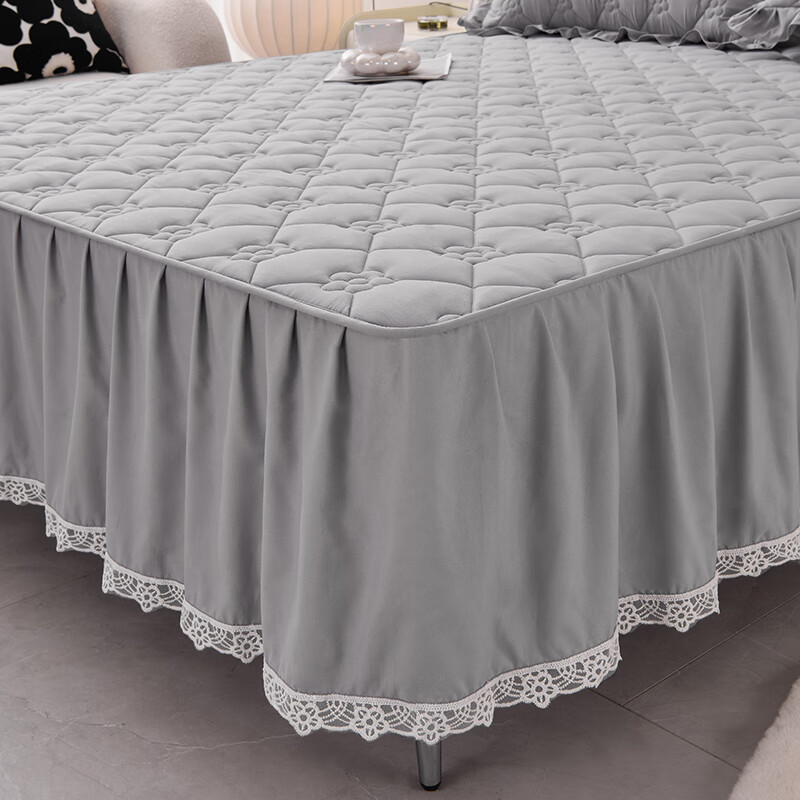 诸禄家纺 床笠式床裙二合一四件套A类原棉夹棉床罩床围裙四季2025新款 太阳花-夜灰 床裙款 2.0m四件套