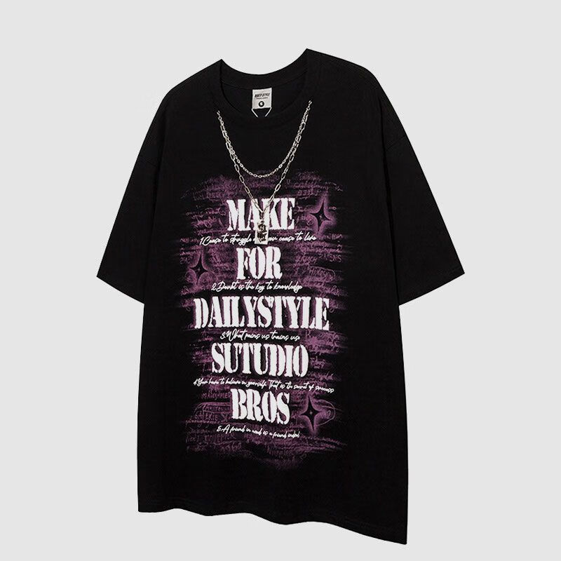 蔻玥自带项链的衣服短袖hiphop嘻哈潮牌字母印花链条t恤男女痞帅欧美