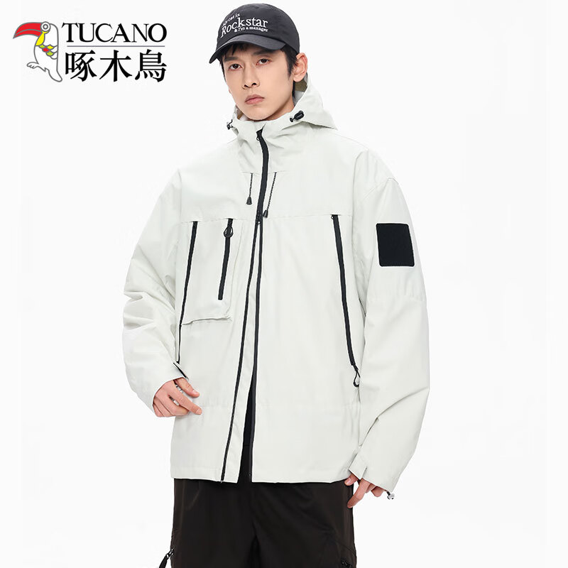 啄木鸟冲锋衣秋冬季新款时尚潮流百搭防风防水冲锋衣机能风工装服情侣款 象牙白（男女同款） XL