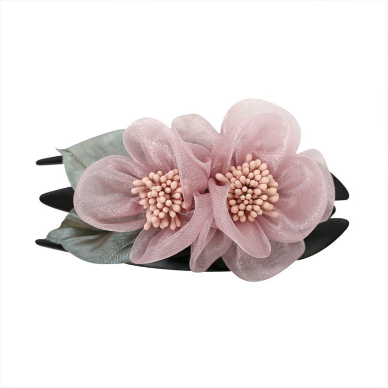 鸭嘴夹大号抓夹淑女盘发专用抓夹韩版绢纱花朵布艺发夹时尚顶夹 鸭夹-韩粉色绢纱