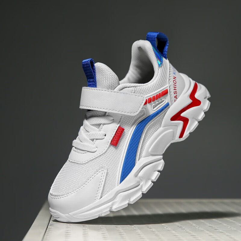 贝天熊春秋中大童鞋男童双网透气运动鞋女童网鞋小白鞋789岁小男孩皮面 BJL308白蓝【双网】 28 内长17.8/脚16.8