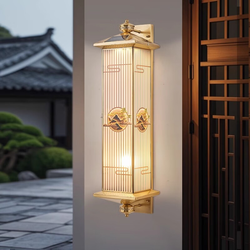 芃紅全銅太陽(yáng)能戶外壁燈新中式別墅庭院門柱燈防水室外走廊陽(yáng)臺(tái)外墻燈 【接電款】山水迎客松55cm銅本色