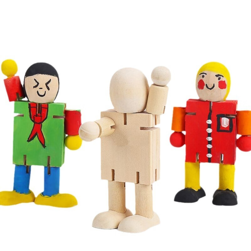 木质机器人儿童diy关节可动木头人幼儿园白坯涂色卡通木偶 木头人2个