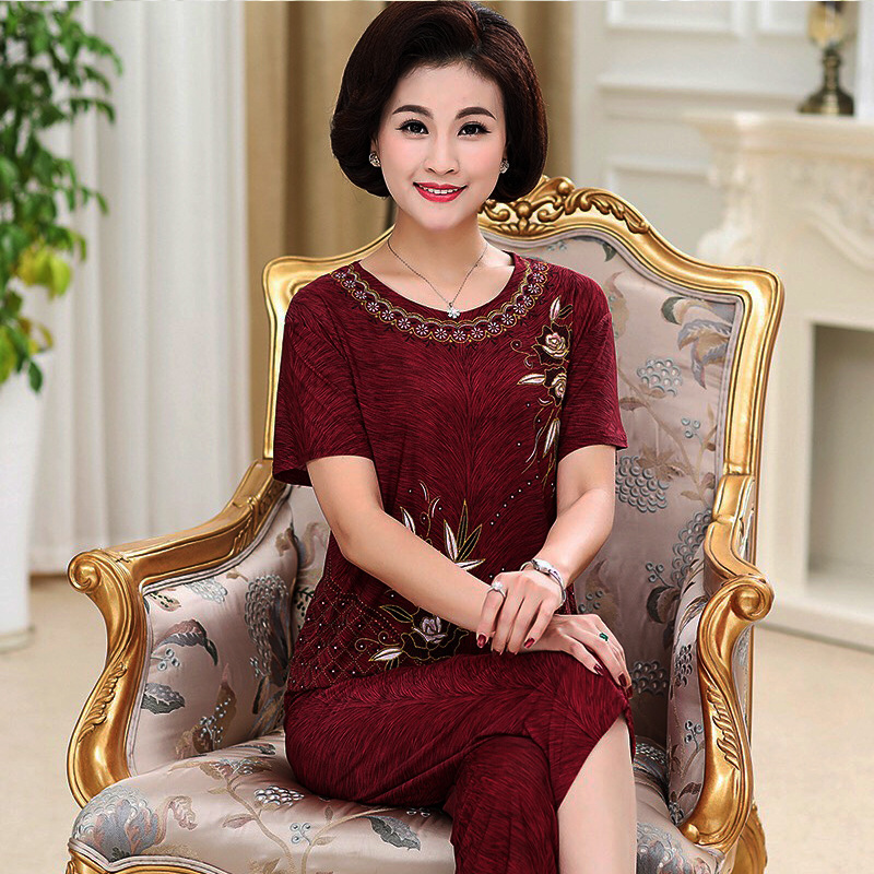 上衣 裤子 中老年夏装短袖两件套大码女装夏天七分裤 枣红色 xl【90