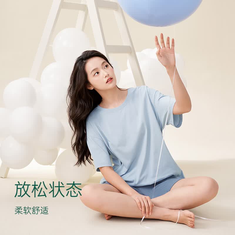 安之伴【巨柔软】睡衣女春夏季100%纯棉新款短袖纯色家居服 牛仔兰 L